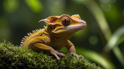 Obraz premium Radiant Crested Gecko Perched in Sunlit Rainforest, Surrounded by Lush Greenery