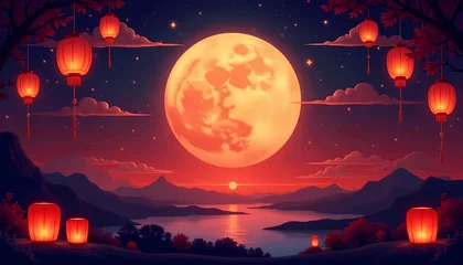 Gardinen Illustration of mid-autumn festival greeting, full moon over a scenic landscape view with floating lanterns, flat vector, Chinese New Year and Lunar festive celebration concept  © EPICture