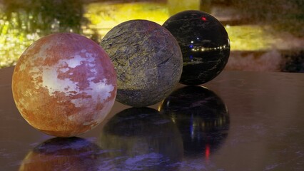Spheres with Realistic Textures - Stone, Marble, and Metal on a Reflective Surface