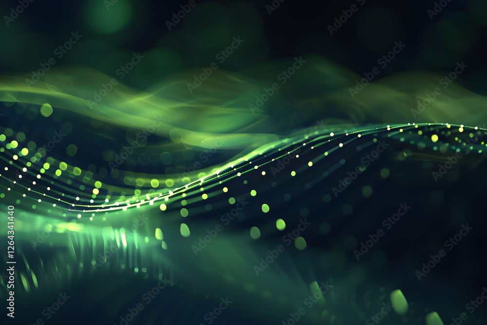 Poster abstract green wave pattern with glowing particles creating a sense of depth and movement