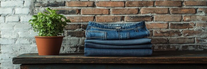 Obraz premium Denim clothing displayed on rustic wooden surface against a vintage brick wall with a greenery accent. Generative AI