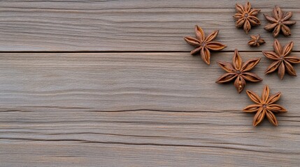Anise Star Spices Arranged on Rustic Wooden Surface Background for Culinary Presentation