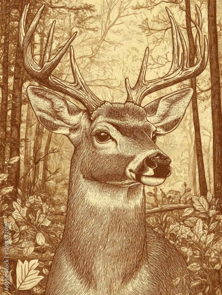 Fototapete intricate engraved deer portrait featuring detailed line work and sepia tones with space for custom 