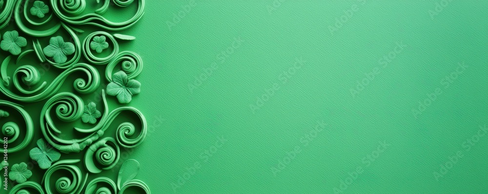 Poster a textured green background featuring intricate swirling patterns on one side, ideal for decorative 