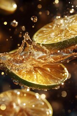 Slow-Motion Splash of Honey-Coated Lime Slices Breaking Sparkling Soda Surface