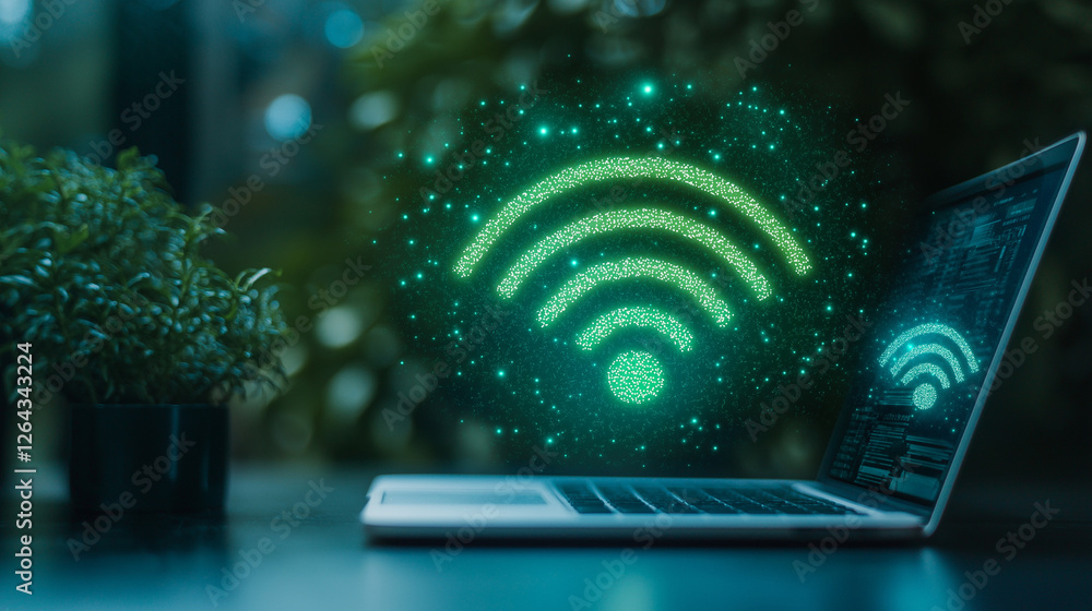 Poster wireless connectivity: laptop with glowing wifi symbol above it, showing strong signal and fast inte