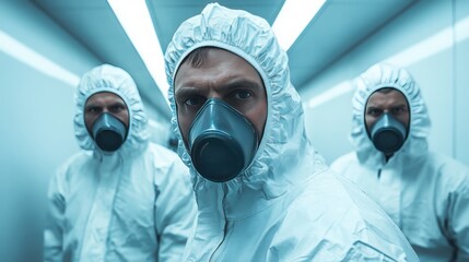 Three Individuals in Protective Gear with Gas Masks in a Modern Industrial Environment, Capturing Themes of Safety, Contamination, and Urgency in a Sterile Setting