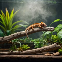 Fototapeta premium Crested Gecko Hanging on Driftwood in a Bright, Misty Terrarium