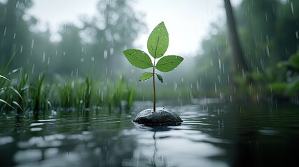 Naklejka premium A young green sprout emerging from a stone in a rain-soaked forest, symbolizing growth and resilience