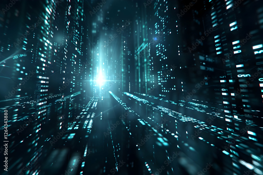 Poster futuristic digital landscape with glowing data streams and abstract technology background