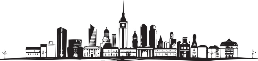 Naklejka premium City landscape. Different buildings on street, outline cityscape hand sketch, flat houses. Hand drawn vector illustration