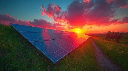Vibrant Sunset Over Solar Panels in a Scenic Landscape with Lush Green Grass and Colorful Sky