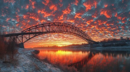 Obraz premium Stunning sunset over a river with a bridge silhouetted against vibrant clouds