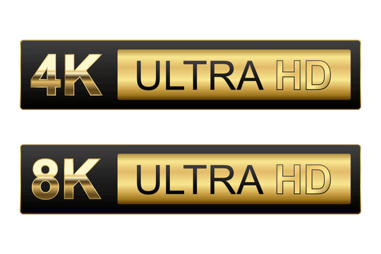 4K 8K Ultra HD sticker label ,High definition label. Gold UHD symbol, 4K 8K resolution monitor screen color mark, UHD 3840p video icon ,realistic shiny and glossy Vector isolated on white background.
