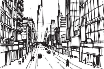 City landscape. Different buildings on street, outline cityscape hand sketch, flat houses. Hand drawn vector illustration
