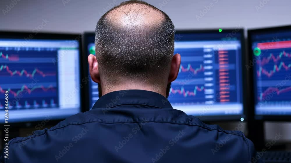 Poster Analyzing Stock Market Data on Multiple Monitors in Dark Office Setting for Financial Insights and Investment Strategies