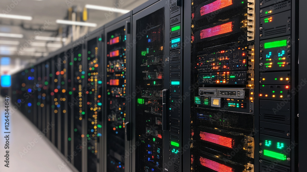 Poster data center powerhouse: a mesmerizing rows of servers, their blinking lights illuminating the digita