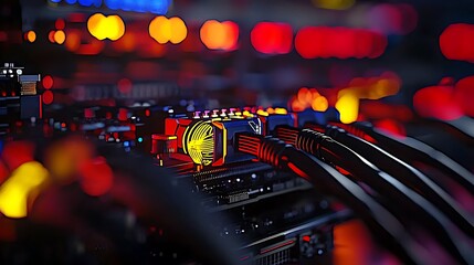 Close-up view of colorful computer hardware with illuminated cables in a vibrant tech environment