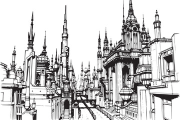 Fototapeta premium City landscape. Different buildings on street, outline cityscape hand sketch, flat houses. Hand drawn vector illustration