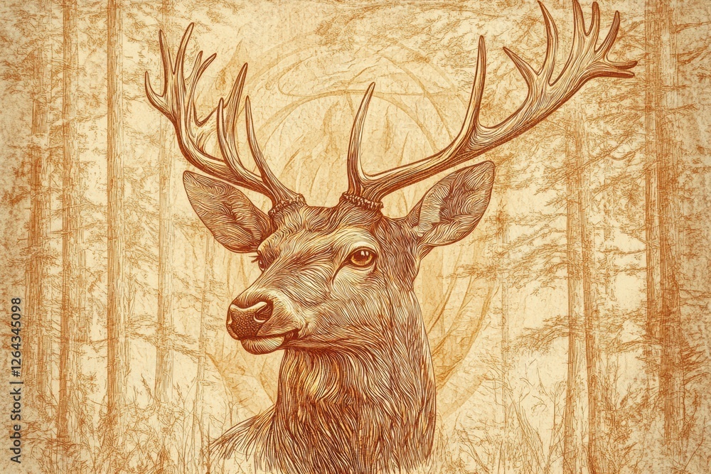 Fototapete intricate engraving of a deer portrait with detailed line work and sepia tones suitable for custom t