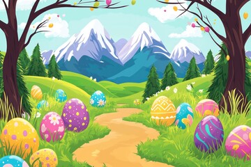 Mountain path scene with Easter eggs, vibrant cartoon landscape.