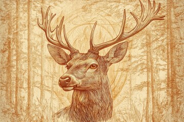 Intricate engraving of a deer portrait with detailed line work and sepia tones suitable for custom text placement. Generative AI