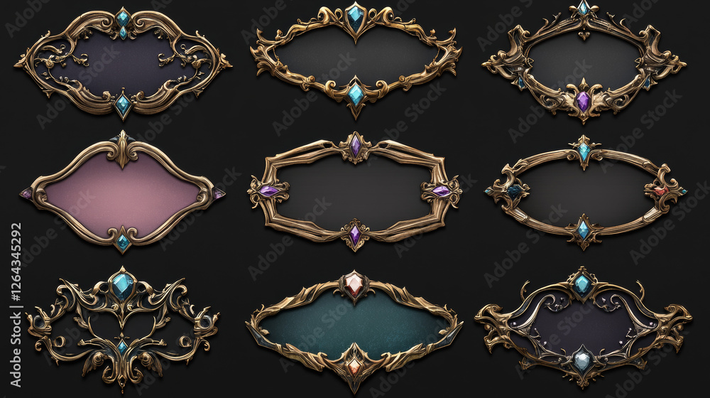 Poster rectangle frames for game user avatar. vector cartoon set of empty frames of gold, silver, steel, wo