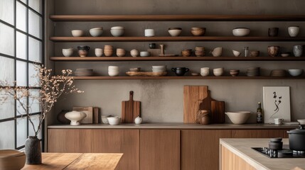 Modern kitchen showcases wooden shelves filled with various tableware
