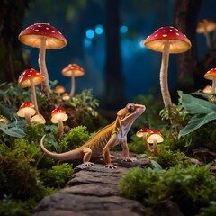 Enchanted Journey: Crested Gecko Traversing a Glowing Path Through a Mystical Forest