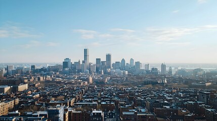 Obraz premium Aerial View Of Snow Covered City Skyline Under Blue Sky