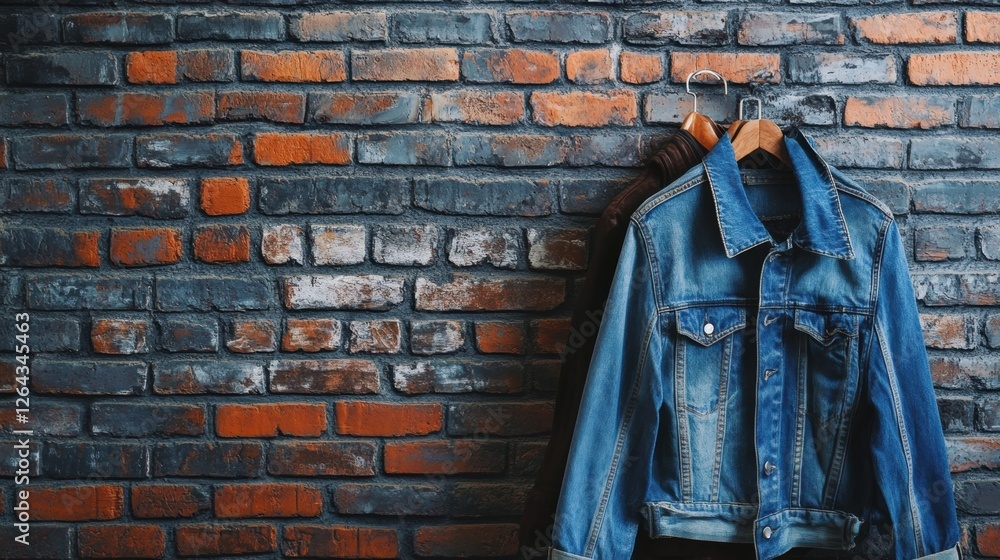 Aufkleber denim jacket hanging on rustic brick wall with blank space for text and creative design opportunitie