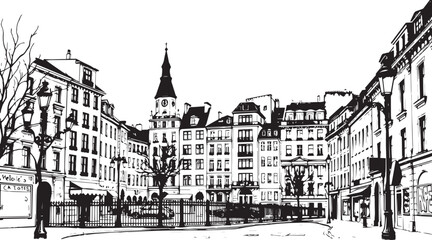 City landscape. Different buildings on street, outline cityscape hand sketch, flat houses. Hand drawn vector illustration