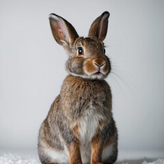 Obraz premium A curious rabbit standing on its hind legs, ears perked up, on a white surface.