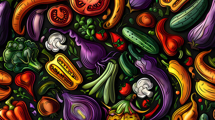 Fototapeta premium Colorful assortment of fresh vegetables and fruits arranged artistically on a dark background