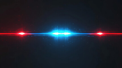 Fototapeta premium Emergency or police car siren flashing lights with overlay effect. Realistic vector illustration of red and blue cop or ambulance vehicle flare with beams surrounded by fog on dark night background.