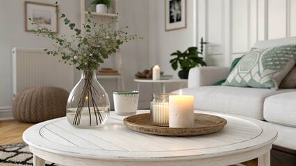 Close-up view of a white wooden round coffee table adorned with a glass vase and burning candle, set in a cozy living room with a Scandinavian home interior design emphasizing modern minimalism 
