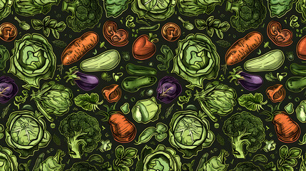 Colorful pattern of various vegetables including carrots, cucumbers, and leafy greens on a dark background