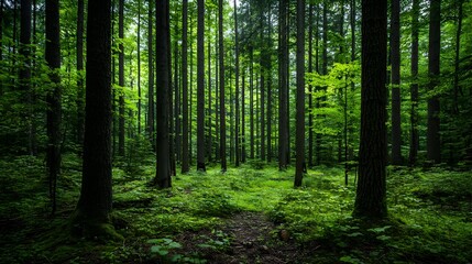 Obraz premium Lush Green Forest With Sunlight Filtering Through Dense Trees