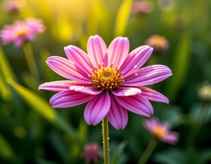 Obraz premium Pink flower with droplets blooming in green garden