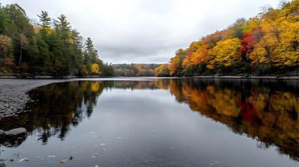 Fototapeta premium Autumn Reflections on Calm Water with Colorful Trees