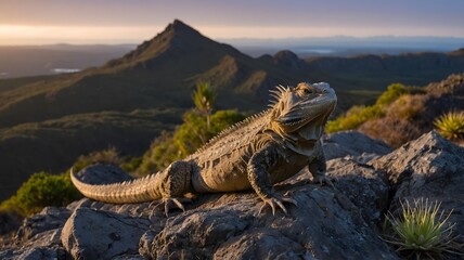 Fototapeta premium Morning Serenity: Tuatara Resting on a Rocky Outcrop with a Rugged Dawn Backdrop