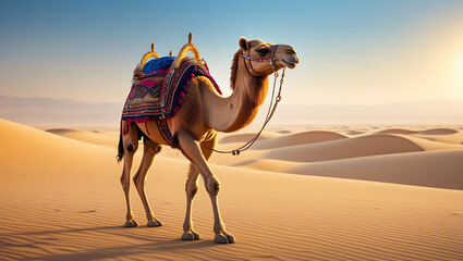 A camel walks in the middle of the desert landscape