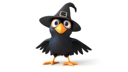 Cute Cartoon Black Witch Bird with Witch Hat and Broom on White Background