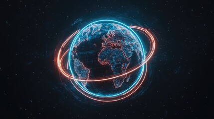 A futuristic digital representation of Earth surrounded by glowing orbits in space