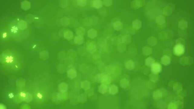 Defocused Bokeh green background, glitter float ,St. Patrick's Day, shamrocks clover, green Four-leafed. Irish holiday party celebration, 4 leaves, good luck, march 17th, 4k Half side free copy space