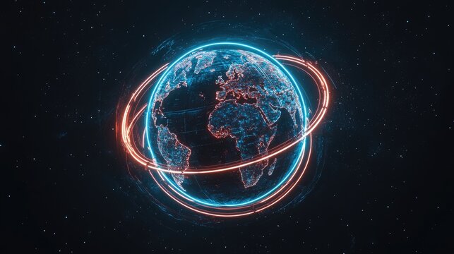 A futuristic digital representation of Earth surrounded by glowing orbits in space - Powered by Adobe