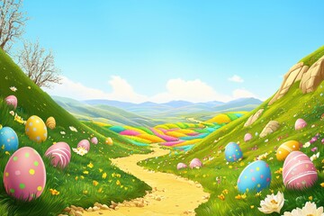 Clear blue sky over vibrant valley with Easter eggs, animated.