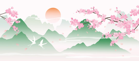 Spring Japanese Cherry blossom flower background vector. Wallpaper design of elegant sakura floral, branch, mountain, sun, bird. Illustration for banner, wall decoration, backdrop, ads. © babeer