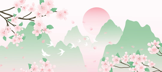 Spring Japanese Cherry blossom flower background vector. Wallpaper design of elegant sakura floral, branch, mountain, sun, bird. Illustration for banner, wall decoration, backdrop, ads.