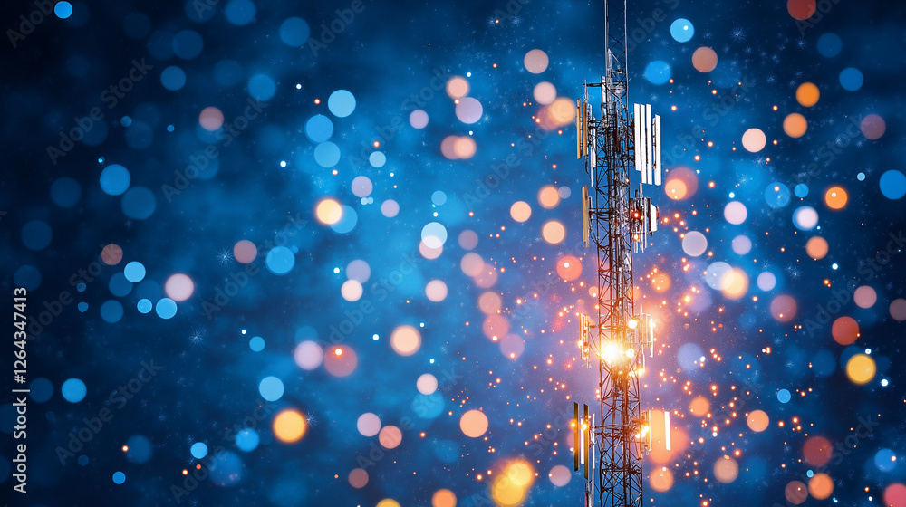 Poster digital network connection: an abstract image of a cell tower, a symbol of digital connectivity, wit